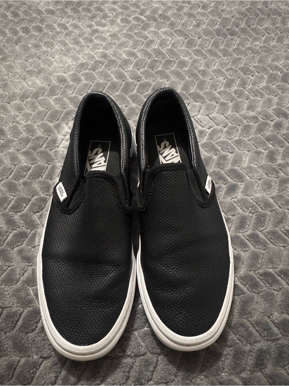Vans Black Slip-On perforated Leather Loafers with White Sole